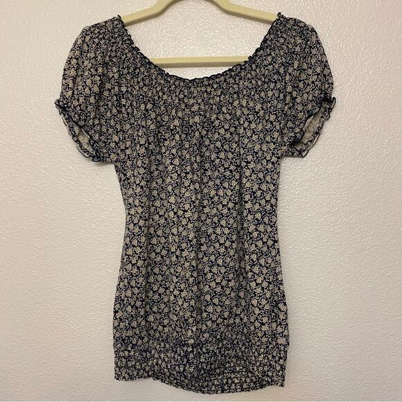 Lucky Brand boho white black print smocked cotton short sleeve blouse top-S - Picture 2 of 9